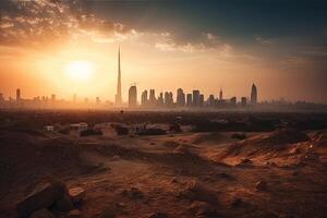 dubai Horizonte dentro deserto às pôr do sol ilustração generativo ai foto