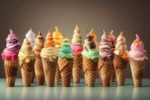 conjunto do gelo creme cones com diferente sabores ilustração generativo ai foto