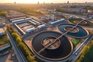 aéreo Visão do moderno industrial esgoto tratamento plantar às pôr do sol ilustração generativo ai foto