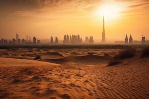 dubai Horizonte dentro deserto às pôr do sol ilustração generativo ai foto