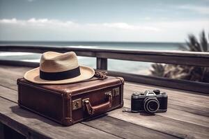 vintage mala, hipster chapéu, foto Câmera verão feriado e cruzeiro viajando conceito. ilustração generativo ai