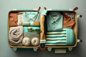 viagem mala de viagem embalado com roupas e acessórios ilustração generativo ai foto