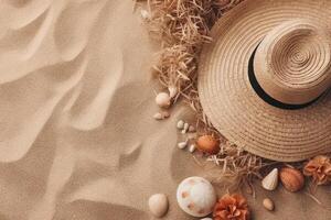 chapéu em arenoso de praia fundo topo Visão com visível areia textura ilustração generativo ai foto