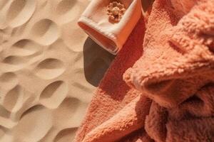 arenoso de praia fundo topo Visão com toalha com visível areia textura ilustração generativo ai foto