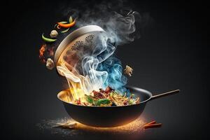 wok panela com vôo ingredientes dentro a ar e fogo chamas em Preto fundo ilustração generativo ai foto