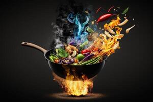 wok panela com vôo ingredientes dentro a ar e fogo chamas em Preto fundo ilustração generativo ai foto