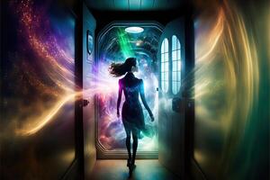 mulher dentro teleporte cabine enquanto teletransporte dentro luzes raios ilustração generativo ai foto