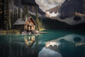 de madeira retiro cabana cabine perto uma lago dentro a madeiras perto yoho banff parque esmeralda lago ilustração generativo ai foto