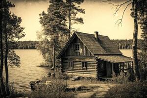 vintage estilo foto do de madeira retiro cabana cabine perto uma lago dentro a madeiras ilustração generativo ai