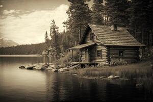 vintage estilo foto do de madeira retiro cabana cabine perto uma lago dentro a madeiras ilustração generativo ai