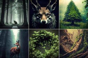 mundo internacional floresta e bosques dia 21 marcha abstrato ilustração. animal, árvore, verde saudações, animais selvagens, globo, terra generativo ai foto