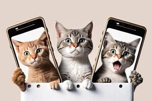 uau, ótimo oferta conceito. três animado diverso gato 3 grande célula telefones mostrando para Câmera através rasgado papel buracos. ilustração generativo ai foto