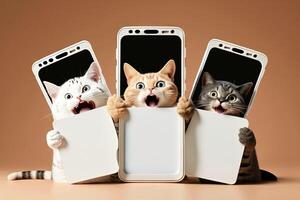uau, ótimo oferta conceito. três animado diverso gato 3 grande célula telefones mostrando para Câmera através rasgado papel buracos. ilustração generativo ai foto