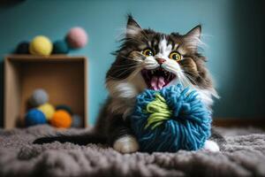gato modelagem para anunciar uma gato brinquedo, mostrando fora quão Muito de Diversão a brinquedo é ilustração generativo ai foto