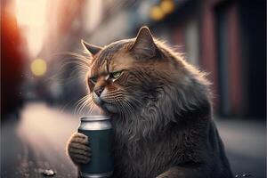 gato bebendo uma Cerveja dentro a rua ilustração generativo ai foto