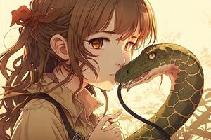 lindo menina se beijando uma cobra, mangá estilo animê personagem ilustração generativo ai foto