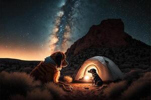 cachorros acampamento debaixo estrelado noite céu leitoso caminho assistindo Próximo para barraca dentro nacional parque. Estrela olhando.ilustração generativo ai foto