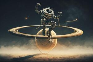 astronauta robô pulando Saturno argolas corda ilustração generativo ai foto