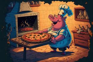 porco cozinhando pizza ilustração generativo ai foto