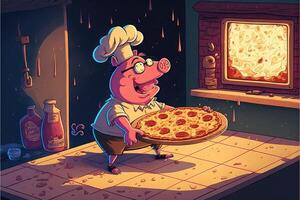 porco cozinhando pizza ilustração generativo ai foto