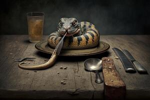 serpente dentro uma prato em a mesa ilustração generativo ai foto