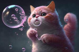 Rosa gato gatinho com bolha Chiclete. mastigar ilustração generativo ai foto