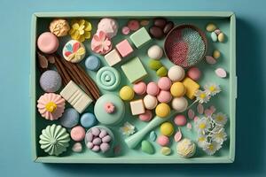 uma bandeja do doce doces pastel cores do Primavera ilustração generativo ai foto