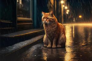 vermelho gato, triste solitário abandonado, debaixo a chuva ilustração generativo ai foto