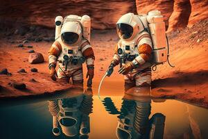 astronautas descobrir água em planeta Marte ilustração generativo ai foto