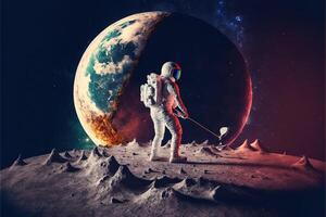 astronauta jogando golfe em a lua a terra planeta em fundo ilustração generativo ai foto