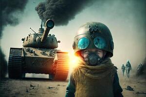 uma crianças dentro frente do tanque guerra dentro Ucrânia, explosões em backround ilustração generativo ai foto