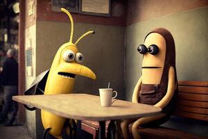 banana e linguiça tendo conversação dentro uma restaurante ilustração generativo ai foto
