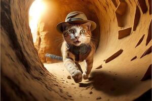 gato arqueólogo com chapéu e chicote escapando a partir de Perigo ilustração generativo ai foto
