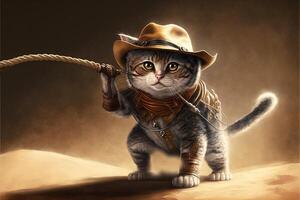 gato arqueólogo com chapéu e chicote escapando a partir de Perigo ilustração generativo ai foto