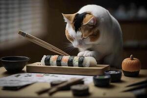 gato chefe de cozinha prepara rolos e Sushi. ilustração generativo ai foto