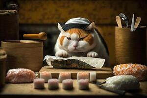 gato chefe de cozinha prepara rolos e Sushi. ilustração generativo ai foto