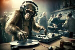 macaco animal é uma residente dj dentro a clube pessoas dançando em fundo ilustração generativo ai foto