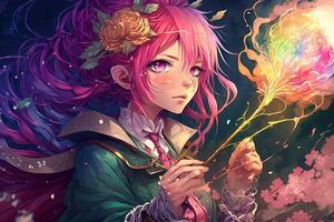 mangá menina com Rosa cabelo e uma mágico varinha, fundição uma soletrar este cria uma tempestade do arco Iris - colori flores, mangá estilo ilustração generativo ai foto