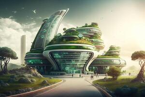 futurista verde cidade. uma sustentável e ambientalmente amigáveis urbano ambiente, com verde telhados, solar painéis, e elétrico veículos ilustração generativo ai foto