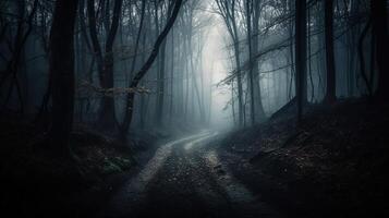 névoa dentro assustador floresta às lua luz em asfalto. ai generativo foto