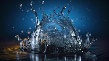 água solta respingo dentro uma vidro azul colori e Câmera lente, ai generativo foto