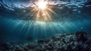 garrafa plástico poluição dentro oceano - embaixo da agua brilho com lixo flutuando, ai generativo foto