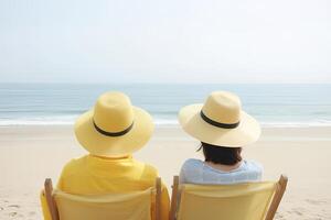 uma casal sentado em uma de praia. doce casal feliz relaxar apreciar amor e romântico momento. ai gerado foto