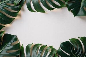 verde folhas monstera natureza quadro, Armação disposição do tropical plantar arbusto em branco fundo. ai gerado foto