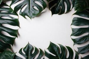 verde folhas monstera natureza quadro, Armação disposição do tropical plantar arbusto em branco fundo. ai gerado foto