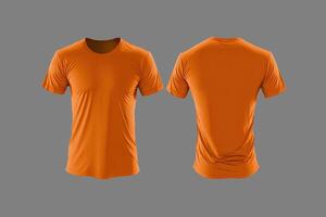 foto realista masculino laranja Camisetas com cópia de espaço, frente e costas visualizar. ai gerado