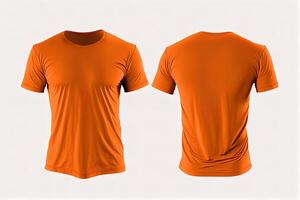 foto realista masculino laranja Camisetas com cópia de espaço, frente e costas visualizar. ai gerado