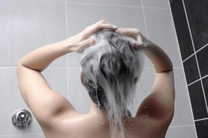 mulher lavando cabelo com xampu e chuveiro dentro a banheiro. ai gerado foto