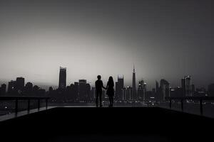 silhueta do uma romântico jovem casal desfrutando a cidade nightscape. ai gerado foto