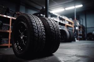 mecânico serviço é mudando Novo pneus e rodas. em a garagem fundo. generativo ai foto